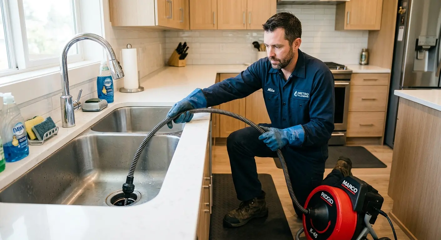 Drain cleaning technician using a motorized snake on a kitchen sink in Mineola
