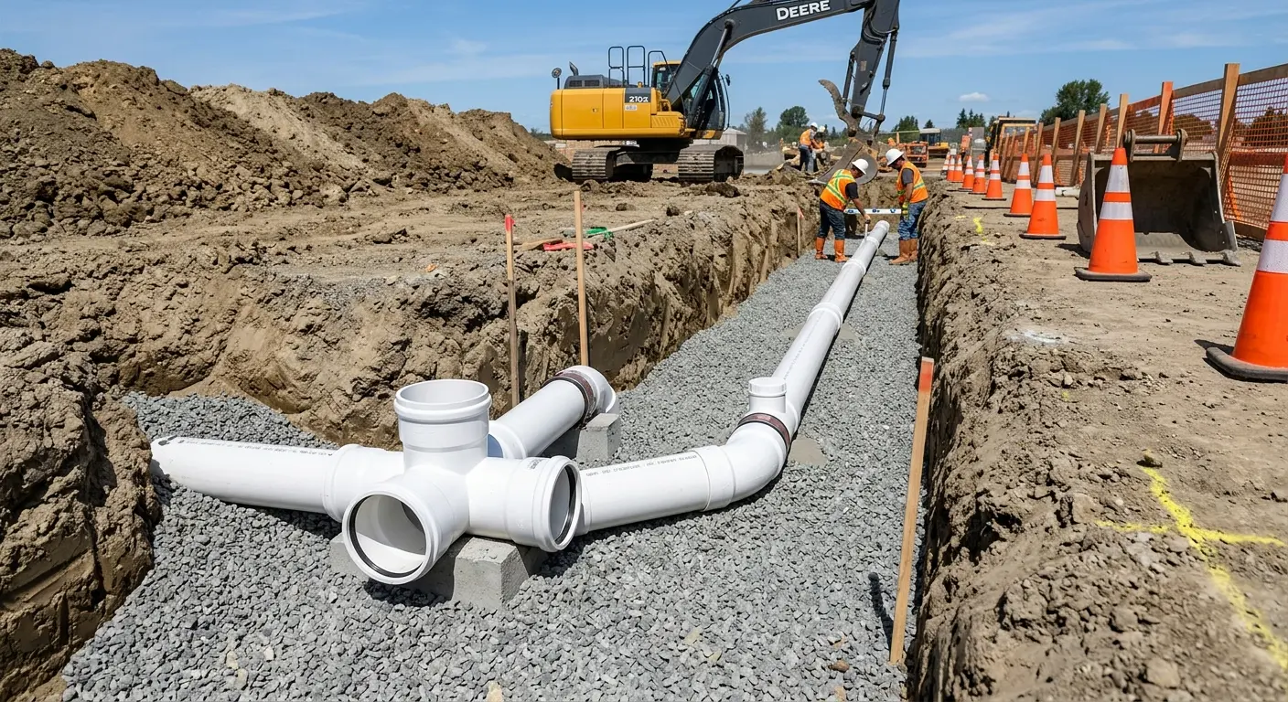 New PVC sewer pipe installation in open trench for Commercial Drain Cleaning in Mineola