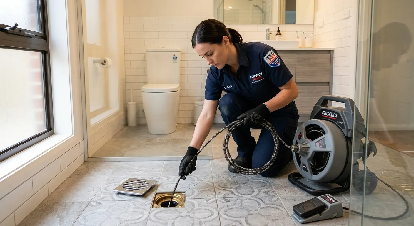 Technician clearing a bathroom floor drain for Clogged Drain Repair in Mineola